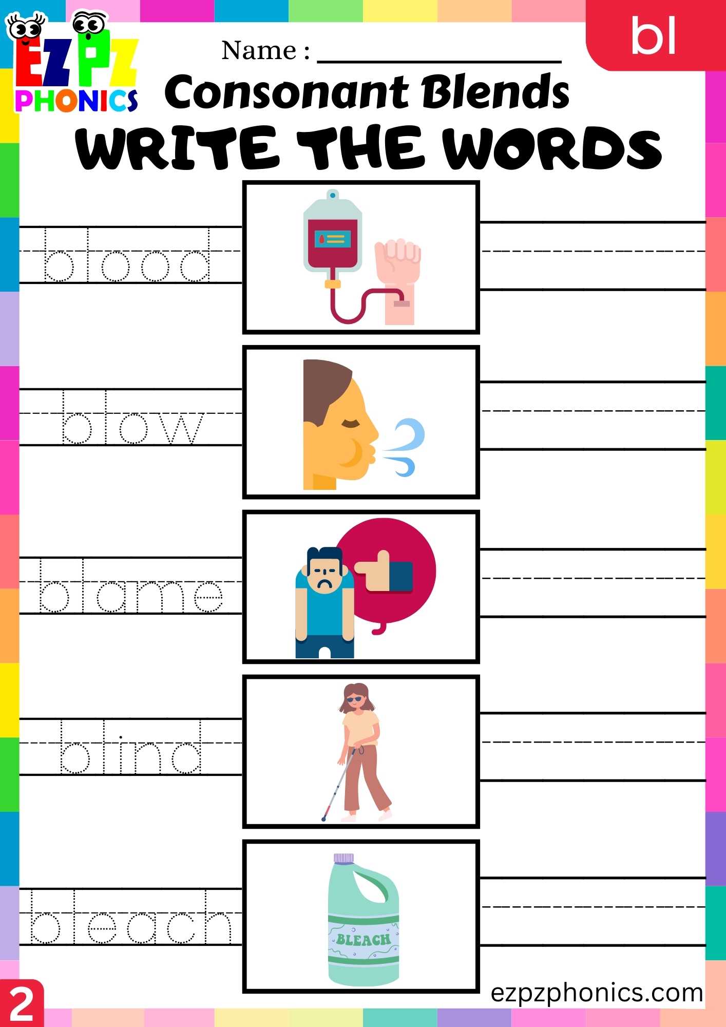Group2 BL Words Write The Words Phonics Consonant Blends Worksheet